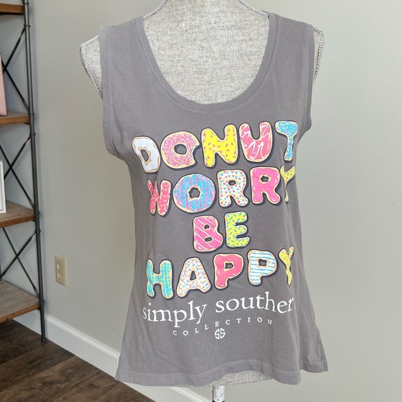 Simply Southern Tank Top “Donut Worry Be Happy” Tee | Grey/Multi | S - Picture 4 of 12